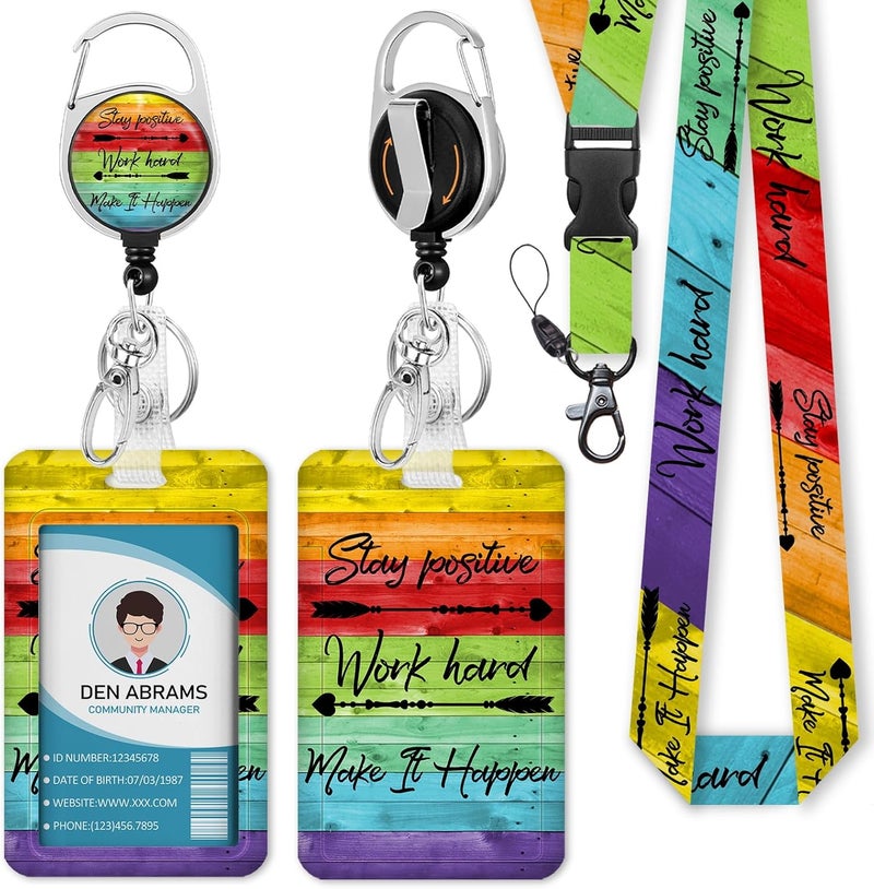 Piefly Lanyards for Id Badges, Positive Badge Holder with Retractable Reel Clip, Inspirational Quote Name Tag Keychain Rainbow Lanyard Vertical ID Card Protector for Women Nurse Doctor Teacher Student - Image 1